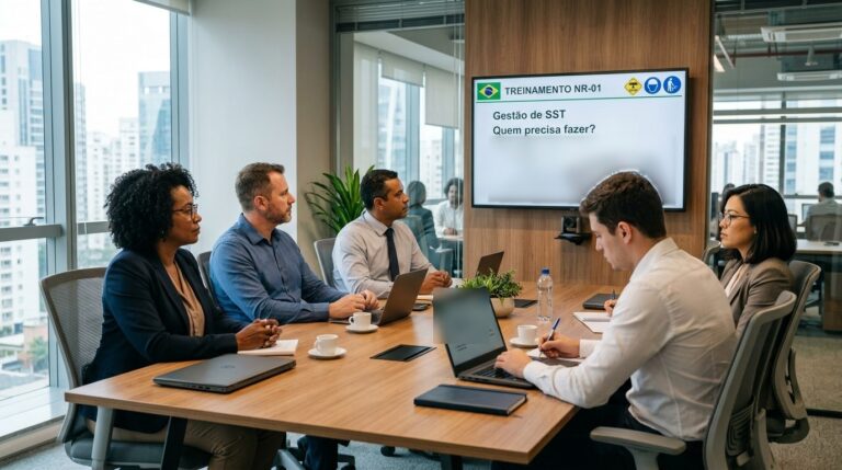 Gestores participam de treinamento NR-01 sobre gestão de riscos psicossociais em sala de reunião