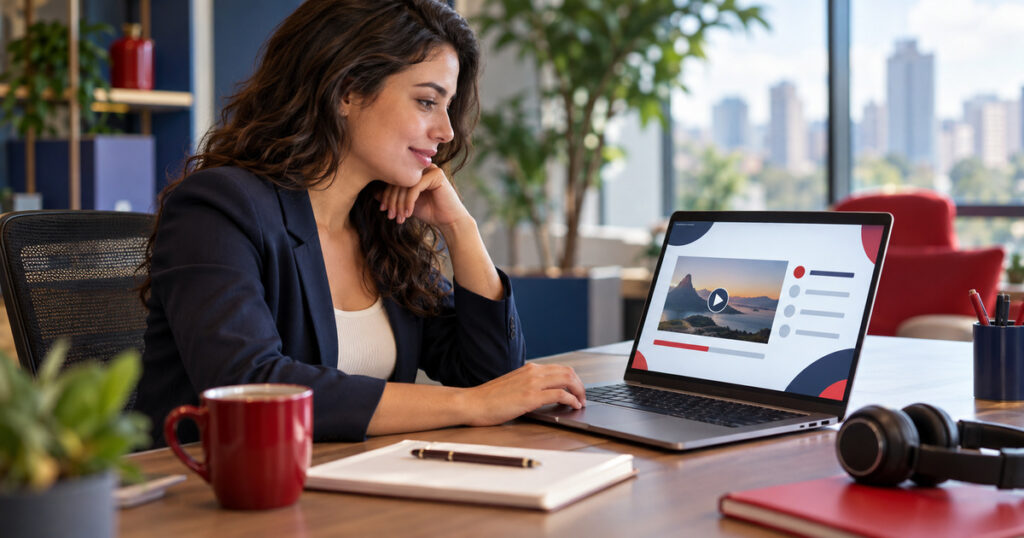 Colaboradora fazendo curso online em SCORM no notebook, no LMS da empresa