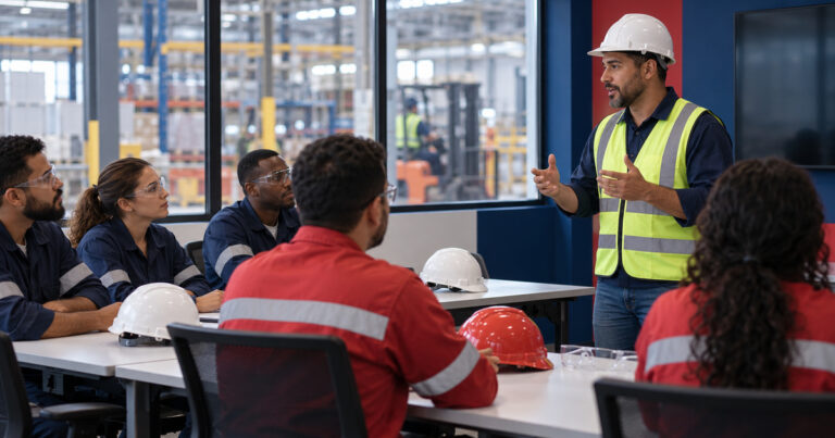 Instrutor de segurança do trabalho conduzindo treinamento de NR com trabalhadores usando EPI
